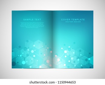 Vector template for brochure or cover with molecular structure background and connected lines and dots. Medicine, science and digital technology concept