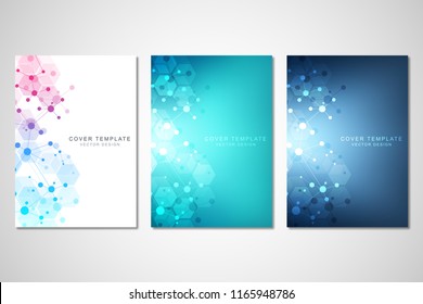 Vector template for brochure or cover with molecular structure background and connected lines and dots. Medicine, science and digital technology concept