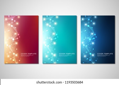 Vector template for brochure or cover with molecular structure background and connected lines and dots. Medicine, science and digital technology concept