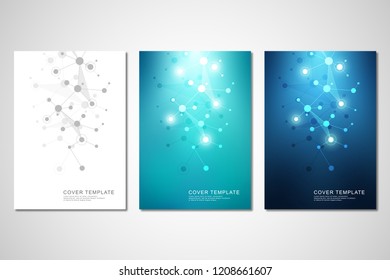 Vector template for brochure or cover with molecular structure background and connected lines and dots. Medicine, science and digital technology concept