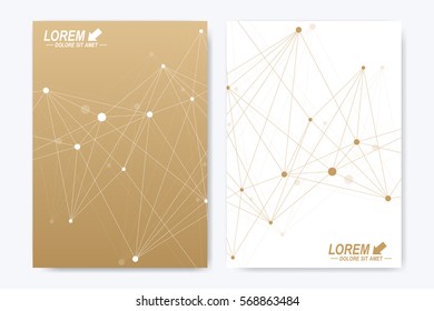 Vector template for brochure, Leaflet, flyer, advert, cover, catalog, magazine or annual report. Geometric background molecule and communication. Golden cybernetic dots. Lines plexus. Card surface