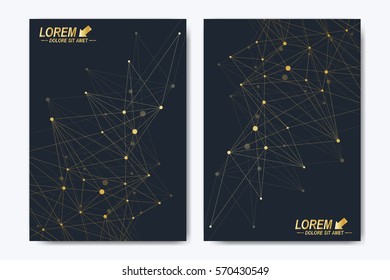 Vector template for brochure, Leaflet, flyer, advert, cover, catalog, magazine or annual report. Geometric background molecule and communication. Golden cybernetic dots. Lines plexus. Card surface