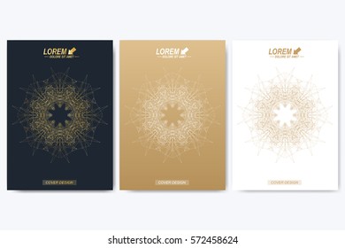 Vector template for brochure, Leaflet, flyer, advert, cover, catalog, magazine or annual report. Geometric background molecule and communication. Golden cybernetic dots. Lines plexus. Card surface