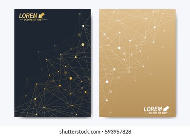 Vector template for brochure, Leaflet, flyer, advert, cover, catalog, magazine or annual report. Geometric background molecule and communication. Golden cybernetic dots. Lines plexus. Card surface