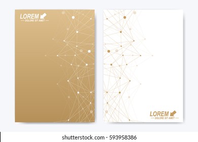 Vector template for brochure, Leaflet, flyer, advert, cover, catalog, magazine or annual report. Geometric background molecule and communication. Golden cybernetic dots. Lines plexus. Card surface