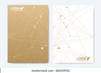 Vector template for brochure, Leaflet, flyer, advert, cover, catalog, magazine or annual report. Geometric background molecule and communication. Golden cybernetic dots. Lines plexus. Card surface