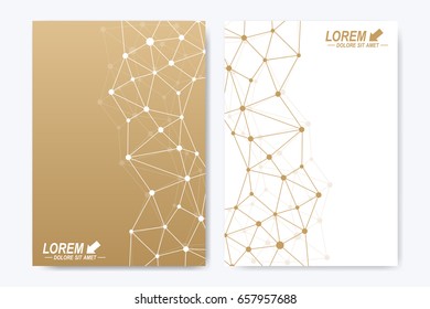 Vector template for brochure Leaflet flyer advert cover catalog poster magazine or annual report. Geometric background molecule. Golden cybernetic dots communication. Lines plexus. Card surface
