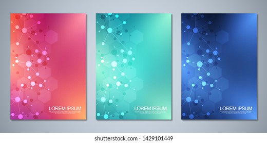 Vector template brochures or cover design, book, flyer, with molecules background and neural network. Abstract geometric background of connected lines and dots. Science and technology concept