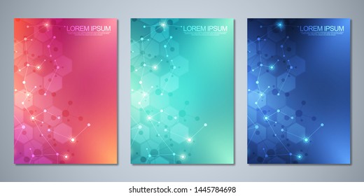 Vector template brochures or cover design, book, flyer, with molecules background and neural network. Abstract geometric background of connected lines and dots. Science and technology concept