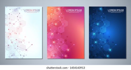 Vector template brochures or cover design, book, flyer, with molecules background and neural network. Abstract geometric background of connected lines and dots. Science and technology concept