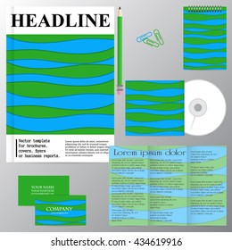 Vector template for brochures, covers, flyers or business reports. Blue and green waves. Abstraction.