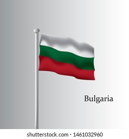 Vector template of Bulgaria flag on metallic pole. Waving flag of Bulgaria on flagstaff- country symbol. Isolated illustration on white background.