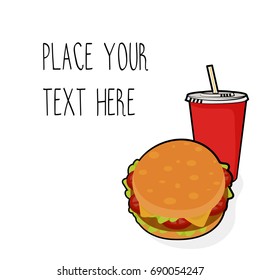 Vector template with burger and red soda cup for fast food business. Isometric cartoon style with text.