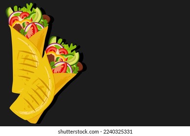 Vector template of a burrito menu with Mexican cuisine restaurant dishes. Corn tortillas stuffed with meat, vegetables with chili pepper or red jalapeno, green lettuce leaves and tomato salsa sauce