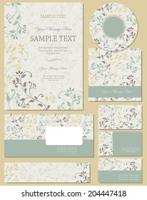 Vector template for business artworks: folder, CD cover, envelope, business card and invitation on victorian background. Wedding invitations