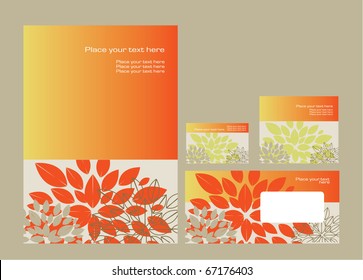 Vector template for business artworks: folder, business card and invitation on floral background, eps10