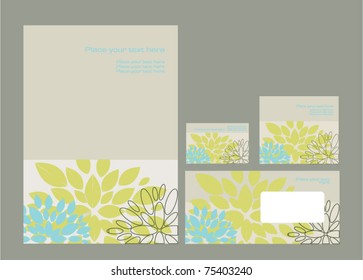 Vector template for business artworks: folder, business card and invitation on floral background, eps10