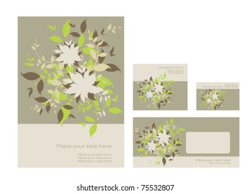 Vector template for business artworks: folder, business card and invitation on floral background, eps10