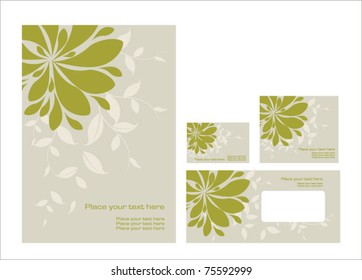 Vector template for business artworks: folder, business card and invitation on floral background, eps10