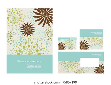 Vector template for business artworks: folder, business card and invitation on floral background, eps10