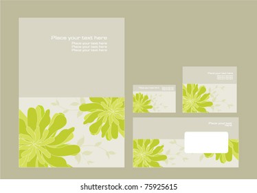 Vector template for business artworks: folder, business card and invitation on floral background, eps10