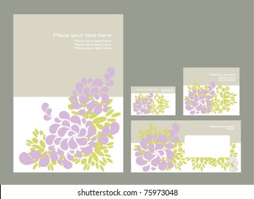 Vector template for business artworks: folder, business card and invitation on floral background, eps10