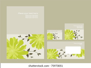 Vector template for business artworks: folder, business card and invitation on floral background, eps10
