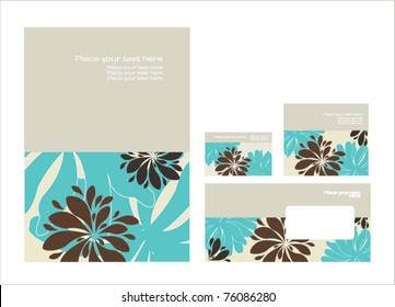 Vector template for business artworks: folder, business card and invitation on floral background, eps10