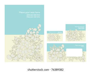 Vector template for business artworks: folder, business card and invitation on floral background, eps10