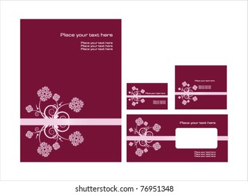 Vector template for business artworks: folder, business card and invitation on floral background, eps10