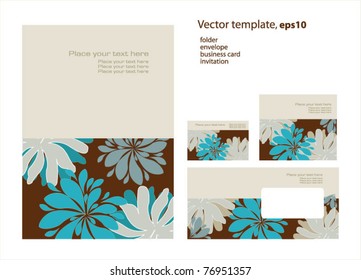 Vector template for business artworks: folder, business card and invitation on floral background, eps10