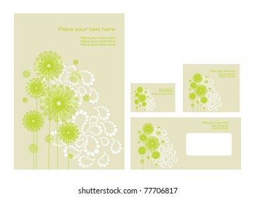 Vector template for business artworks: folder, business card and invitation on floral background