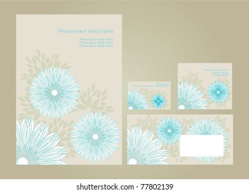 Vector template for business artworks: folder, business card and invitation on floral background