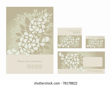 Vector template for business artworks: folder, business card and invitation on floral background