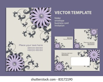 Vector template for business artworks: folder, business card and invitation on floral background  .