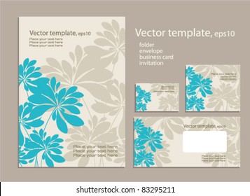 Vector template for business artworks: folder, business card and invitation on floral background .