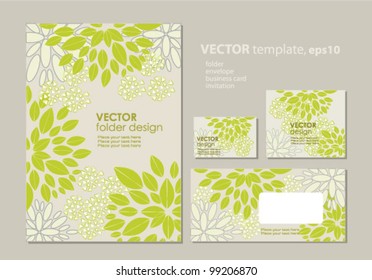 Vector template for business artworks: folder, business card and invitation on floral background