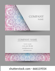 Vector template business card. Colorful mandala ornament. Main page side and back side business card.