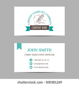 vector template of a business card with hand holding feather. EPS