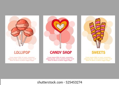 Vector template for business card with hand drawn candy sweets. Food shop poster. Brochure with lollipop, gum, nicy