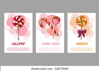 Vector template for business card with hand drawn candy sweets. Food shop poster. Brochure with lollipop, gum, nicy