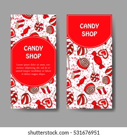 Vector template for business card with hand drawn candy sweets. Food shop poster. Brochure with lollipop, gum, nicy