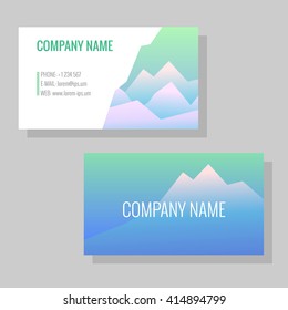 Vector template for business cards. Image of snowy mountains. Business card or flyer for a travel agency or a sports shop.  background