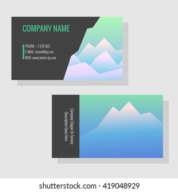 Vector template for business cards. Image of snowy mountains. Business card or flyer for a travel agency or a sports shop. Template with mountain background