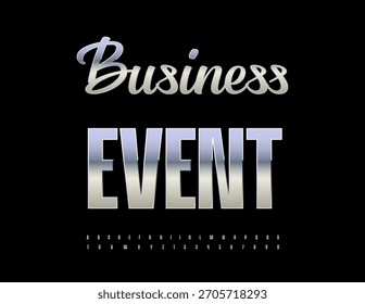 Vector Plantilla Evento de negocios para volantes, ofertas, promociones. Metallic Premium fuente. Conjunto de estilo moderno de letras y números de alfabeto cromado.