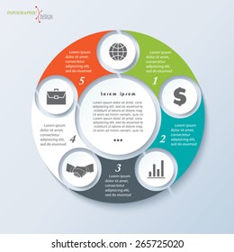 Vector template for business project or presentation with circle and five segments can be used for web design, workflow or graphic layout, diagram, education