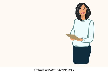 Vector template with business woman. Young positive girl with a tablet invites to cooperation. Psychologist or manager. Background with copy space. The concept of success, advertising, promotion. Flat