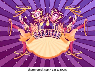 Vector template for cabaret show and traveling tent. Invitation to the holiday acrobats, circus artist, performer, and clowns. Vintage retro advertising