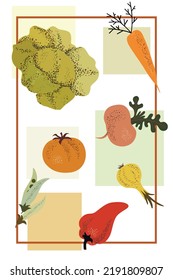 Vector template with cabbage, beets, turnips, carrots, onions, tomatoes, peppers, green peas. Vegetables - simple doodle drawing. Design for harvest festival, Thanksgiving, advertising, shop, menu