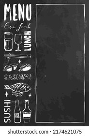 Vector template cafe menu, chalk style lettering and fast food items. Chalckboard with frame for text, decoration for kitchen and pub, blackboard sample menu, handwritten words, drinks, meat, sweets.